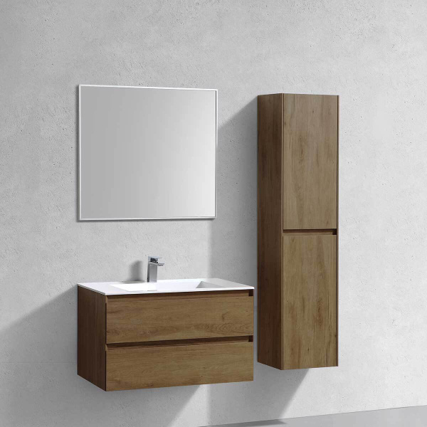 Тумба Vincea Luka 800 подвесная, 2 выкатных ящика soft-close, T.Oak с умывальником VCB-13800W из искусственного камня, цвет белый
