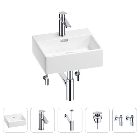 Раковина для ванной Wellsee Graceful Pro 201004556 в наборе 5 в 1: раковина белого глянцевого цвета, смеситель, сифон, донный клапан, угловые вентили (цвет набора хром)
