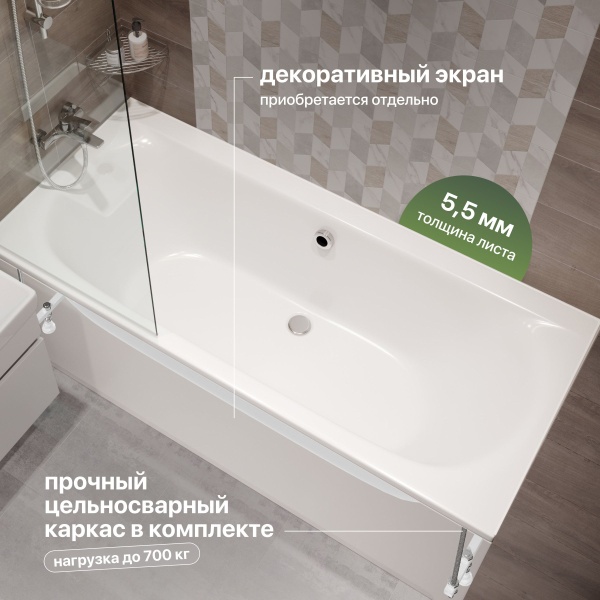 Акриловая ванна STWORKI Хадстен 180x80 см, пристенная, белая, с каркасом