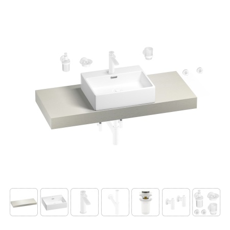 Раковина 50 см со столешницей 120 см Wellsee Graceful Pro 201012520 в наборе 10 в 1: столешница, раковина, смеситель, сифон, донный клапан, угловые вентили, аксессуары (цвет матовый белый)
