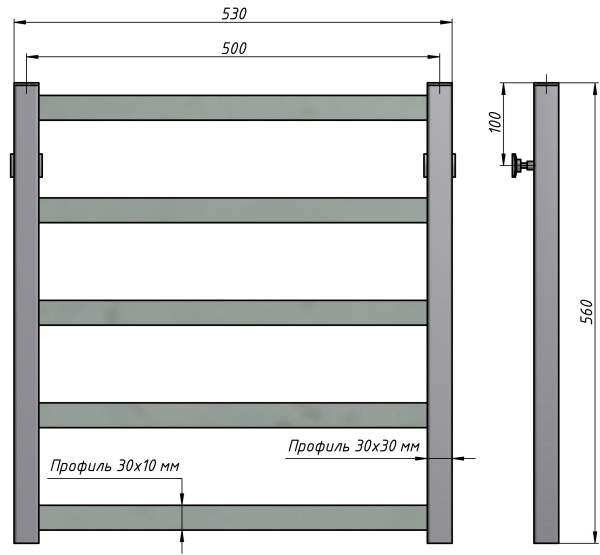 Полотенцесушитель водяной Stinox Prestige 500x600, нижнее подключение, хром, 1/2" ВР (внутренняя резьба), 5 перекладин