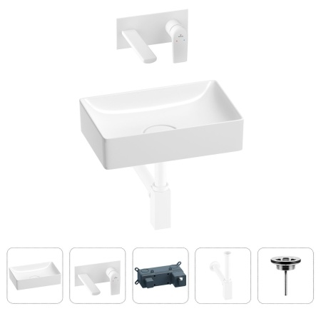 Раковина для ванной Wellsee Pure BY Wellsee 201002550 в наборе 4 в 1: раковина белого глянцевого цвета, встраиваемый смеситель, сифон, выпуск (цвет набора матовый белый)