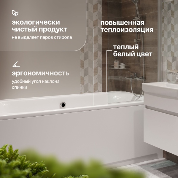 Акриловая ванна STWORKI Хадстен 180x80 см, пристенная, белая, с каркасом