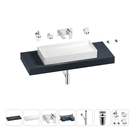 Раковина 75 см со столешницей 120 см Wellsee Pure BY Wellsee 201011701 в наборе 9 в 1: столешница, раковина, встраиваемый смеситель, сифон, выпуск, аксессуары (цвет набора хром)