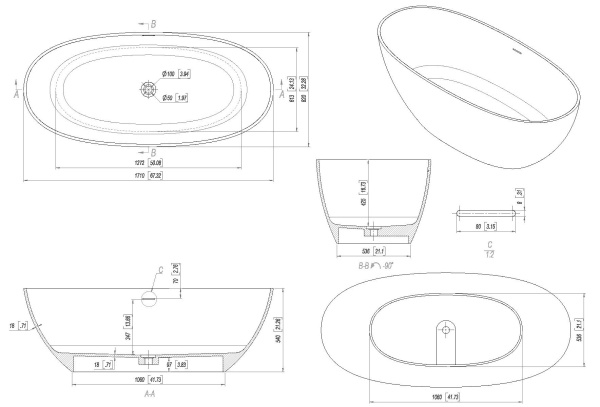 Ванна из искусственного камня Allen Brau Krion Oval 170x80 2.35003.21 белый матовый