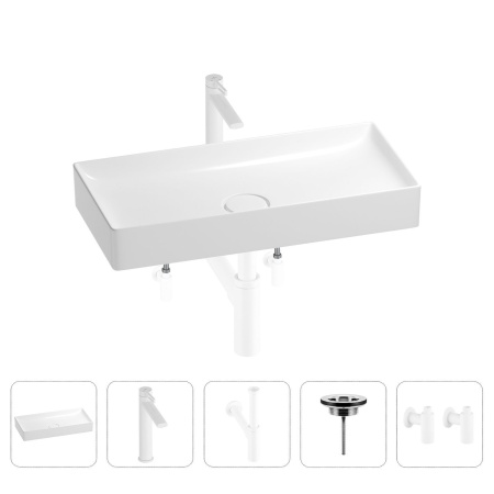 Раковина для ванной Wellsee Pure BY Wellsee 201004465 в наборе 5 в 1: раковина белого глянцевого цвета, высокий смеситель, сифон, выпуск, угловые вентили (цвет набора матовый белый)