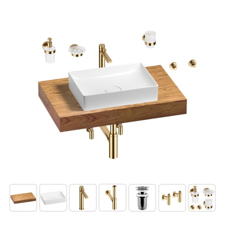 Раковина 50 см со столешницей 80 см Wellsee Pure BY Wellsee 201011118 в наборе 10 в 1: столешница, раковина, высокий смеситель, сифон, выпуск, кран-вентили, аксессуары (цвет золото)