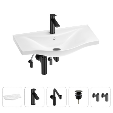 Раковина для ванной Wellsee Bisou 201005317 в наборе 5 в 1: раковина белого глянцевого цвета, смеситель, сифон, донный клапан, угловые вентили (цвет набора матовый черный)