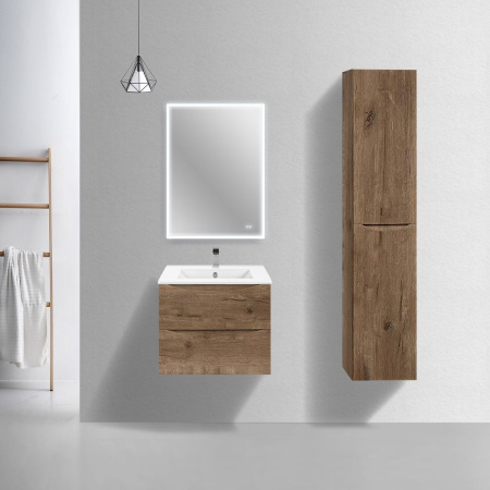 Тумба Vincea Mia Slim 600 подвесная, 2 выкатных ящика soft close, V.Oak с умывальником VBS-13960S1 керамическая, цвет белый