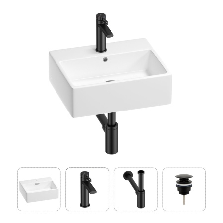 Раковина для ванной Wellsee Graceful Pro 201002907 в наборе 4 в 1: раковина белого глянцевого цвета, смеситель, сифон, донный клапан (цвет набора матовый черный)