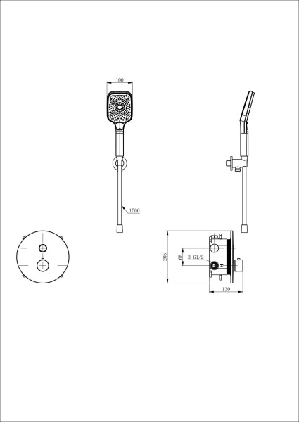 Смеситель для душа с термостатом встраиваемый WONZON & WOGHAND, Темный графит (WW-D1017-A-BGG)