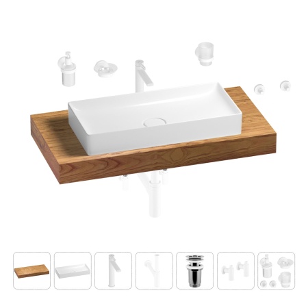 Раковина 75 см со столешницей 100 см Wellsee Pure BY Wellsee 201011600 в наборе 10 в 1: столешница, раковина, высокий смеситель, сифон, выпуск, кран-вентили, аксессуары (цвет матовый белый)