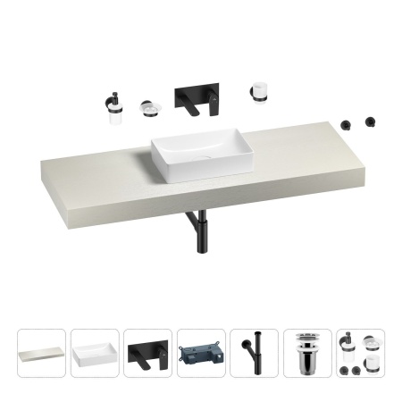 Раковина 42 см со столешницей 140 см Wellsee Pure BY Wellsee 201010987 в наборе 9 в 1: столешница, раковина, встраиваемый смеситель, сифон, выпуск, аксессуары (цвет набора матовый черный)