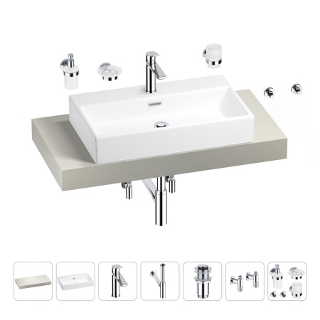 Раковина 70 см со столешницей 100 см Wellsee Graceful Pro 201012631 в наборе 10 в 1: столешница, раковина, смеситель, сифон, донный клапан, угловые вентили, аксессуары (цвет хром)