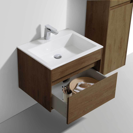 Тумба Vincea Chiara 600 подвесная, 1 выкатной ящик soft-close, T.Oak с умывальником VCB-13600W из искусственного камня, цвет белый