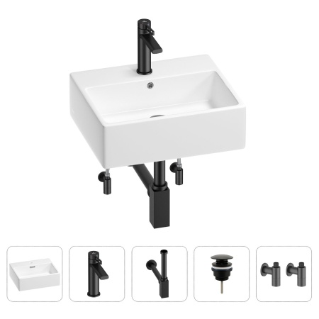 Раковина для ванной Wellsee Graceful Pro 201004592 в наборе 5 в 1: раковина белого глянцевого цвета, смеситель, сифон, донный клапан, угловые вентили (цвет набора матовый черный)