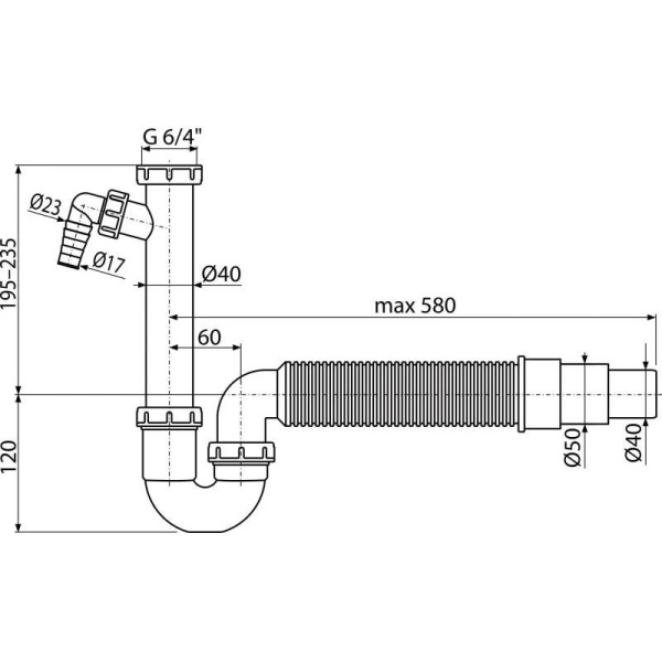 Сифон трубчатый Alcaplast с накидной гайкой 6/4", подводкой и гофрой, A83-DN50/40