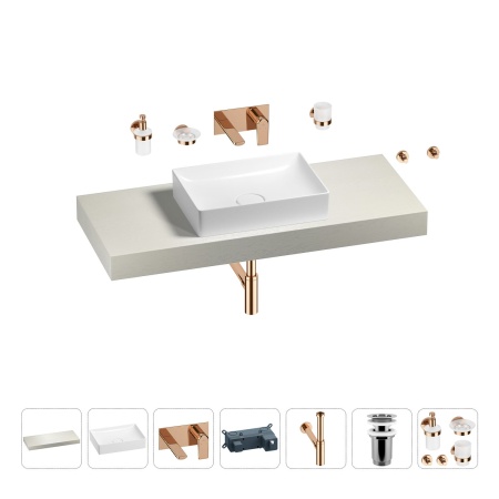 Раковина 50 см со столешницей 120 см Wellsee Pure BY Wellsee 201011324 в наборе 9 в 1: столешница, раковина, встраиваемый смеситель, сифон, выпуск, аксессуары (цвет набора розовое золото)