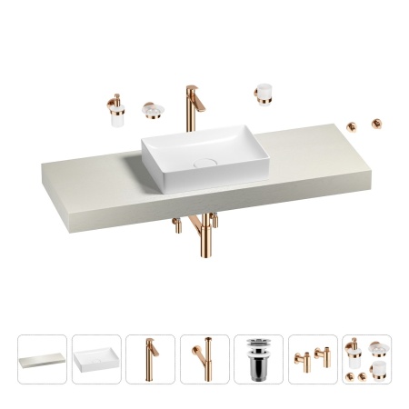 Раковина 50 см со столешницей 140 см Wellsee Pure BY Wellsee 201011434 в наборе 10 в 1: столешница, раковина, высокий смеситель, сифон, выпуск, кран-вентили, аксессуары (цвет розовое золото)
