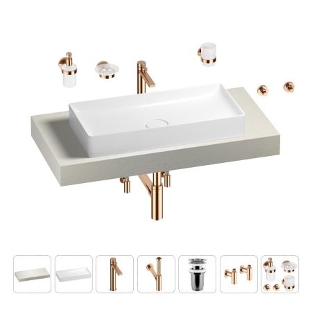Раковина 75 см со столешницей 100 см Wellsee Pure BY Wellsee 201011559 в наборе 10 в 1: столешница, раковина, высокий смеситель, сифон, выпуск, кран-вентили, аксессуары (цвет розовое золото)
