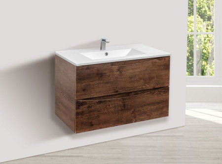 Тумба Vincea Mia 800 подвесная, 2 выкатных ящика soft close, R.Wood с умывальником VBS-13980 керамическая, цвет белый