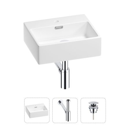 Раковина для ванной Wellsee Graceful Pro 201001301 в наборе 3 в 1: прямоугольная раковина белого глянцевого цвета, сифон, донный клапан в цвете хром