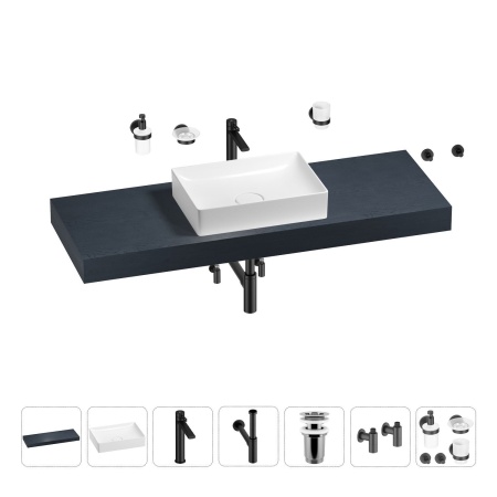Раковина 50 см со столешницей 140 см Wellsee Pure BY Wellsee 201011457 в наборе 10 в 1: столешница, раковина, высокий смеситель, сифон, выпуск, кран-вентили, аксессуары (цвет матовый черный)