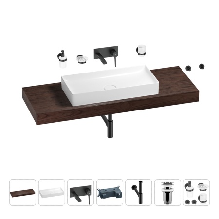 Раковина 75 см со столешницей 140 см Wellsee Pure BY Wellsee 201011867 в наборе 9 в 1: столешница, раковина, встраиваемый смеситель, сифон, выпуск, аксессуары (цвет набора матовый черный)