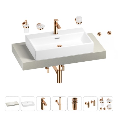 Раковина 70 см со столешницей 100 см Wellsee Graceful Pro 201012634 в наборе 10 в 1: столешница, раковина, смеситель, сифон, донный клапан, угловые вентили, аксессуары (цвет розовое золото)