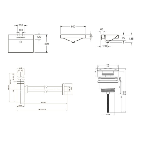 Комплект 3 в 1 Lavinia Boho Bathroom Sink 21520557: врезная фарфоровая раковина 60 см, металлический сифон, донный клапан