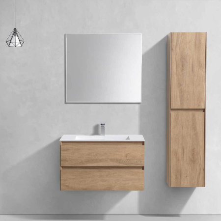 Тумба Vincea Luka 800 подвесная, 2 выкатных ящика soft-close, N.Oak с умывальником VCB-13800W из искусственного камня, цвет белый