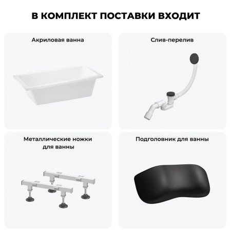 Акриловая ванна в наборе 4 в 1: встраиваемая ванна, слив-перелив, ножки, подголовник Wellsee FreeDom 20212765R
