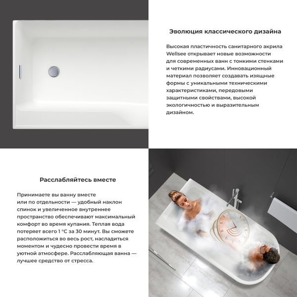 Акриловая ванна в наборе 3 в 1: отдельностоящая ванна (правый разворот), ножки, экран Wellsee Camellia 2.0 236202000