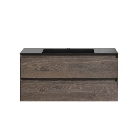 Тумба Vincea Luka 1000 подвесная, 2 выкатных ящика soft-close, R.Oak с умывальником VCB-13100B из кварца, цвет черный