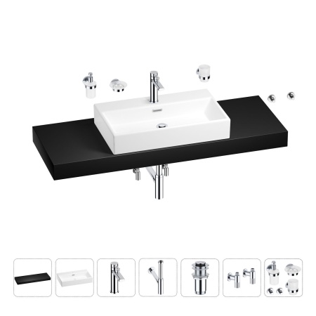 Раковина 70 см со столешницей 140 см Wellsee Graceful Pro 201012806 в наборе 10 в 1: столешница, раковина, смеситель, сифон, донный клапан, угловые вентили, аксессуары (цвет хром)