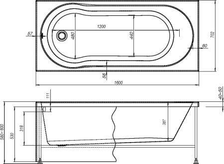 Акриловая ванна STWORKI Хельсинки 160x70 см, встраиваемая, белая, с каркасом
