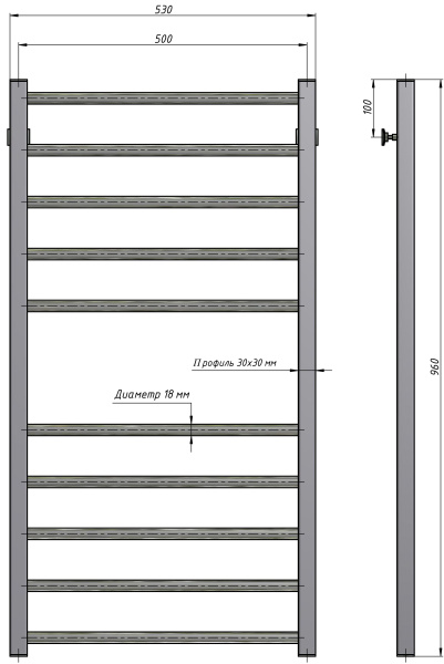 Полотенцесушитель водяной Stinox Classic 500x1000, нижнее подключение, хром, 1/2" ВР (внутренняя резьба), 10 перекладин