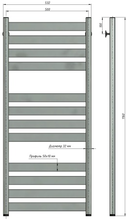 Полотенцесушитель водяной Stinox Napoli Luxe 500x1200, нижнее подключение, хром, 1/2" ВР (внутренняя резьба), 12 перекладин