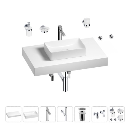 Раковина 42 см со столешницей 80 см Wellsee Pure BY Wellsee 201010771 в наборе 10 в 1: столешница, раковина, высокий смеситель, сифон, выпуск, кран-вентили, аксессуары (цвет хром)