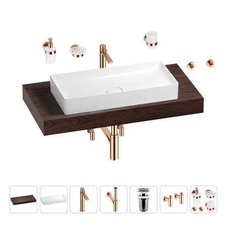 Раковина 75 см со столешницей 100 см Wellsee Pure BY Wellsee 201011619 в наборе 10 в 1: столешница, раковина, высокий смеситель, сифон, выпуск, кран-вентили, аксессуары (цвет розовое золото)