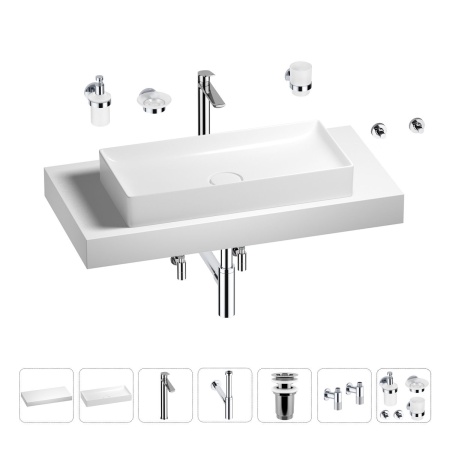 Раковина 75 см со столешницей 100 см Wellsee Pure BY Wellsee 201011631 в наборе 10 в 1: столешница, раковина, высокий смеситель, сифон, выпуск, кран-вентили, аксессуары (цвет хром)