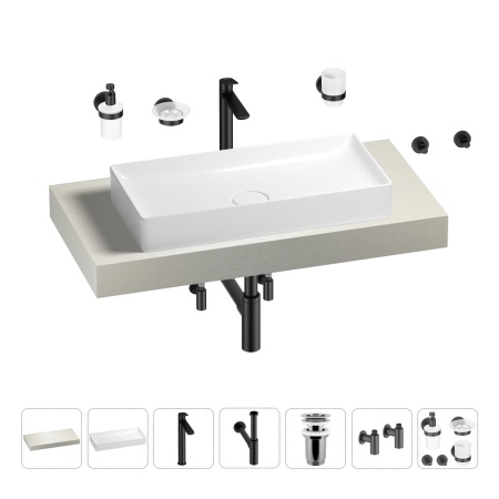 Раковина 75 см со столешницей 100 см Wellsee Pure BY Wellsee 201011552 в наборе 10 в 1: столешница, раковина, высокий смеситель, сифон, выпуск, кран-вентили, аксессуары (цвет матовый черный)