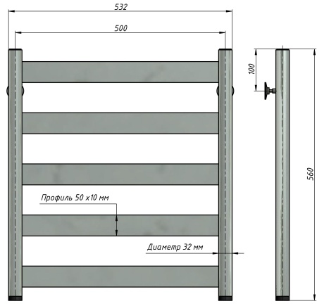 Полотенцесушитель водяной Stinox Napoli 500x600, нижнее подключение, хром, 1" НР (наружная резьба), 5 перекладин
