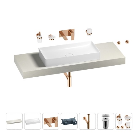 Раковина 75 см со столешницей 140 см Wellsee Pure BY Wellsee 201011804 в наборе 9 в 1: столешница, раковина, встраиваемый смеситель, сифон, выпуск, аксессуары (цвет набора розовое золото)