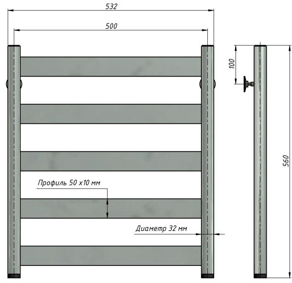 Полотенцесушитель водяной Stinox Napoli 500x600, нижнее подключение, хром, 1" НР (наружная резьба), 5 перекладин