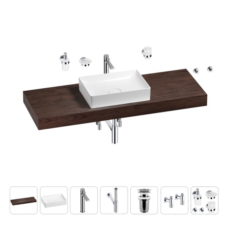 Раковина 50 см со столешницей 140 см Wellsee Pure BY Wellsee 201011496 в наборе 10 в 1: столешница, раковина, высокий смеситель, сифон, выпуск, кран-вентили, аксессуары (цвет хром)
