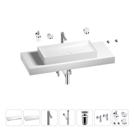 Раковина 75 см со столешницей 120 см Wellsee Pure BY Wellsee 201011756 в наборе 10 в 1: столешница, раковина, высокий смеситель, сифон, выпуск, кран-вентили, аксессуары (цвет хром)