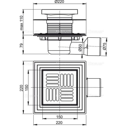 Сливной трап Alcaplast 150х150/50/75 мм боковой сток решетка из нержавеющей стали APV3444