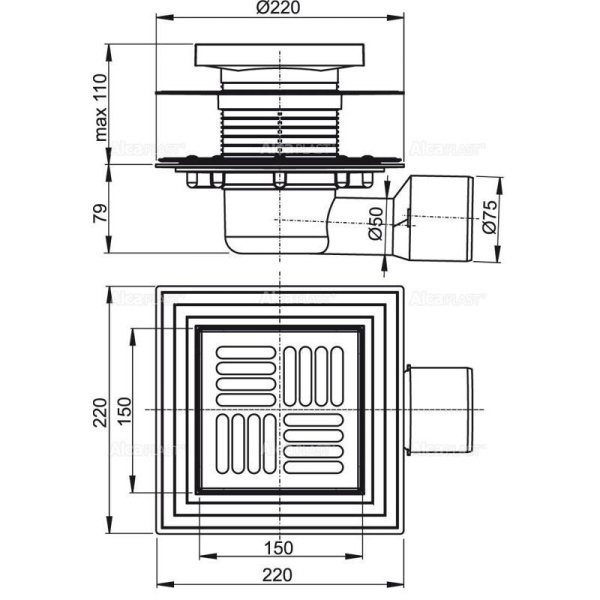 Сливной трап Alcaplast 150х150/50/75 мм боковой сток решетка из нержавеющей стали APV3444