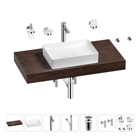 Раковина 50 см со столешницей 100 см Wellsee Pure BY Wellsee 201011251 в наборе 10 в 1: столешница, раковина, высокий смеситель, сифон, выпуск, кран-вентили, аксессуары (цвет хром)